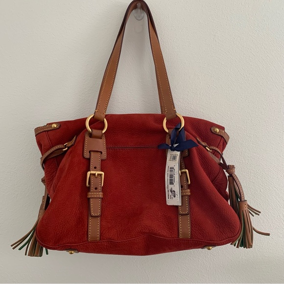 Dooney and Bourke double strap tassel leather satchel handbag in wine - Picture 2 of 13